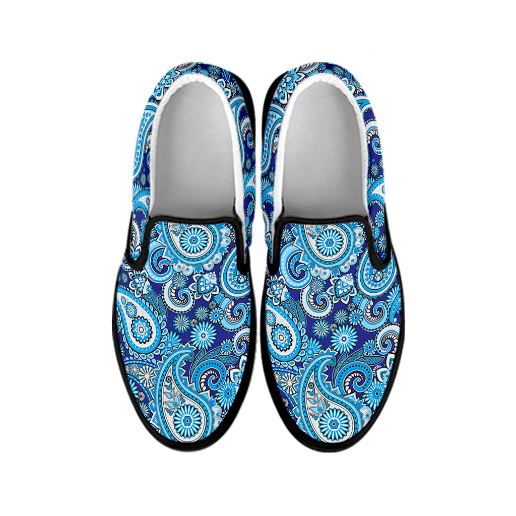 Blue Paisley Pattern Print Black Slip On Shoes