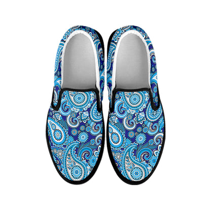 Blue Paisley Pattern Print Black Slip On Shoes