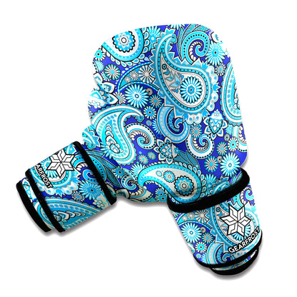Blue Paisley Pattern Print Boxing Gloves