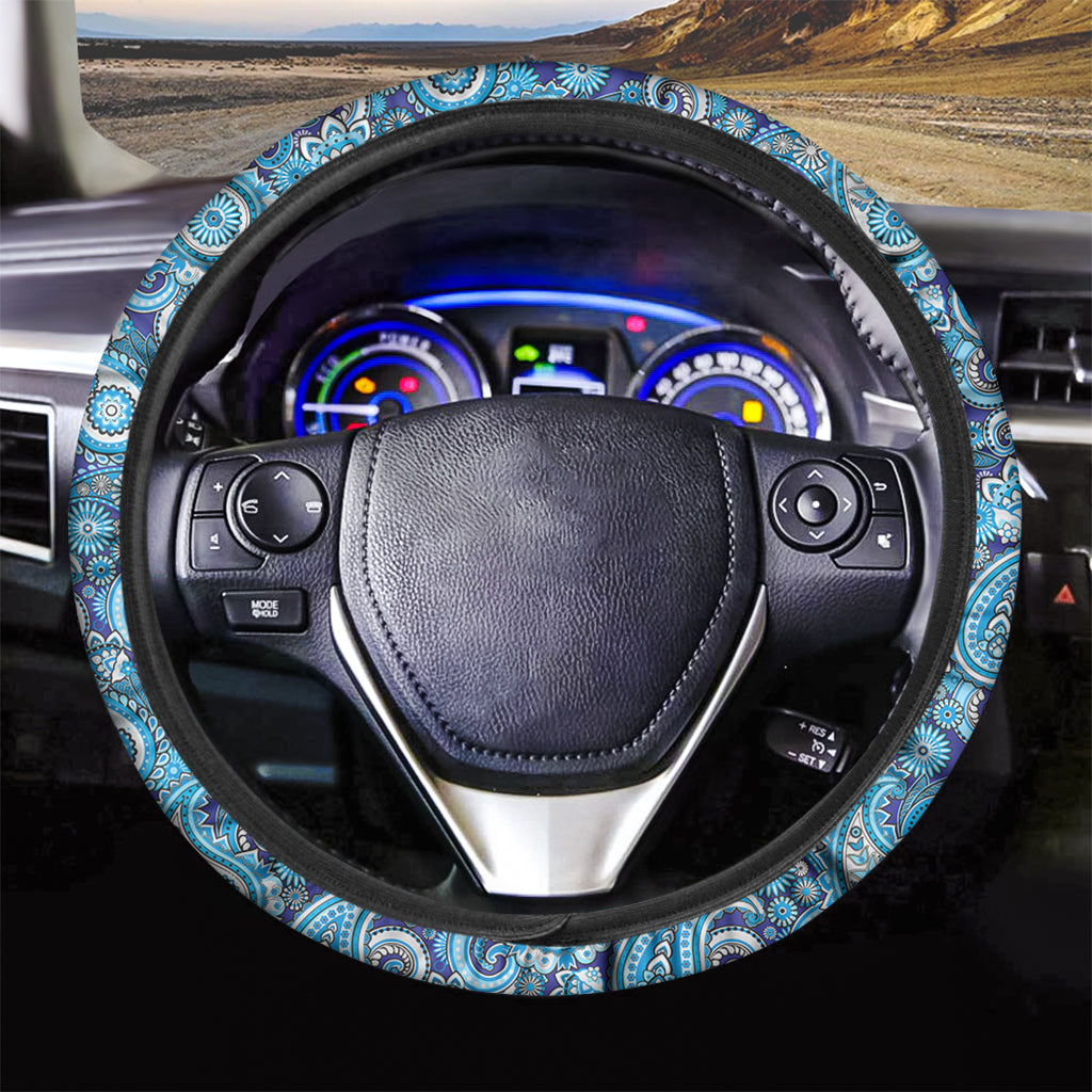Blue Paisley Pattern Print Car Steering Wheel Cover