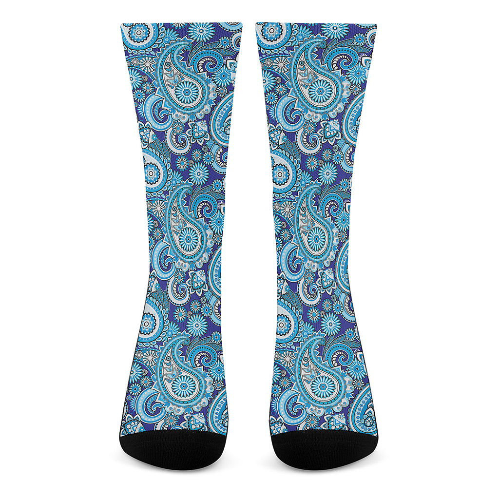 Blue Paisley Pattern Print Crew Socks