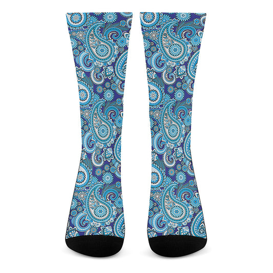 Blue Paisley Pattern Print Crew Socks
