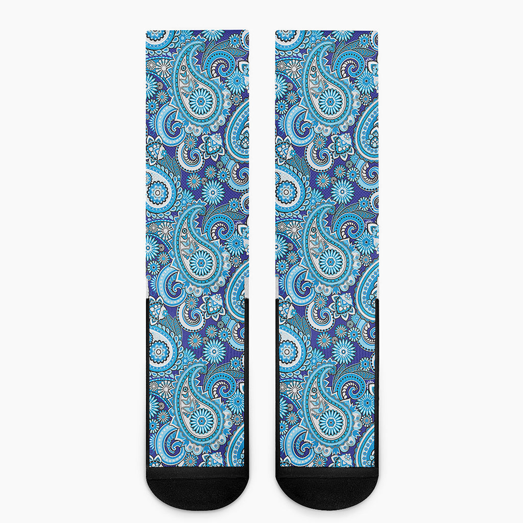 Blue Paisley Pattern Print Crew Socks