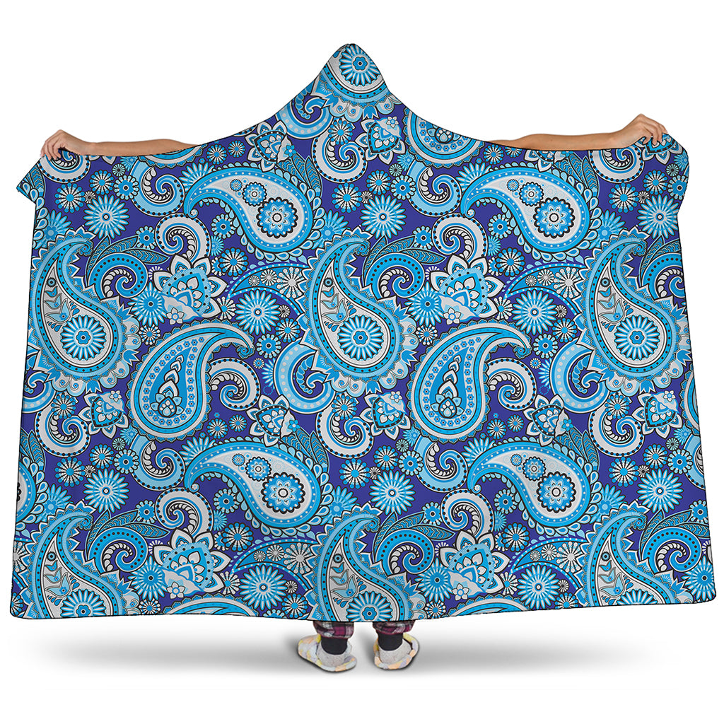Blue Paisley Pattern Print Hooded Blanket