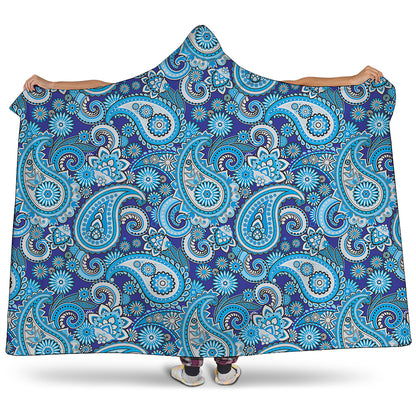 Blue Paisley Pattern Print Hooded Blanket