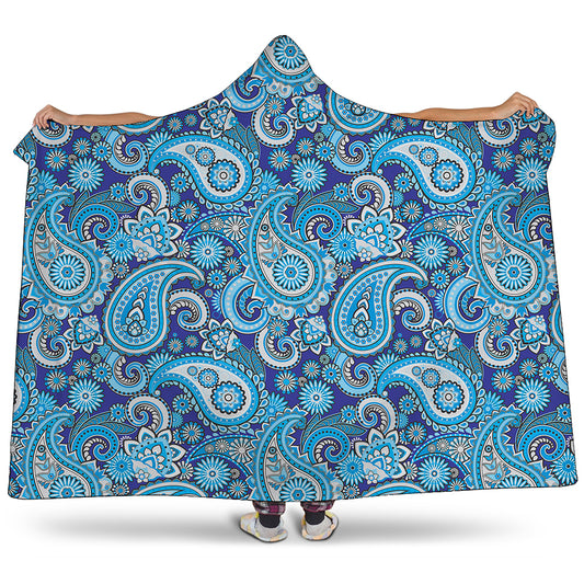 Blue Paisley Pattern Print Hooded Blanket