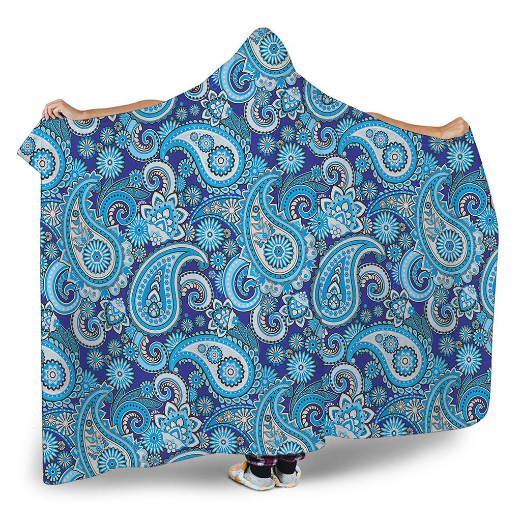 Blue Paisley Pattern Print Hooded Blanket