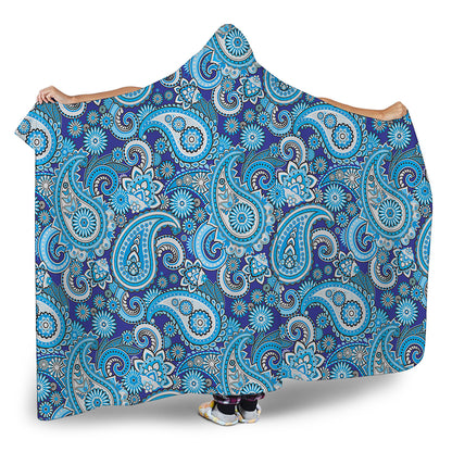 Blue Paisley Pattern Print Hooded Blanket