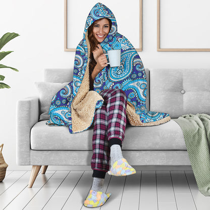 Blue Paisley Pattern Print Hooded Blanket