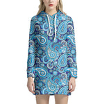 Blue Paisley Pattern Print Hoodie Dress