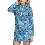 Blue Paisley Pattern Print Hoodie Dress