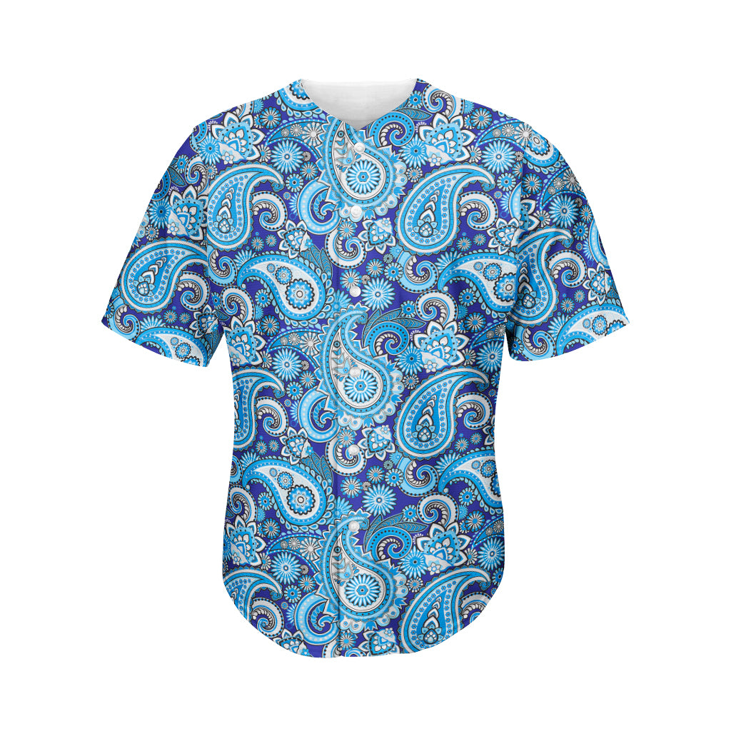 Blue Paisley Pattern Print Men's Baseball Jersey