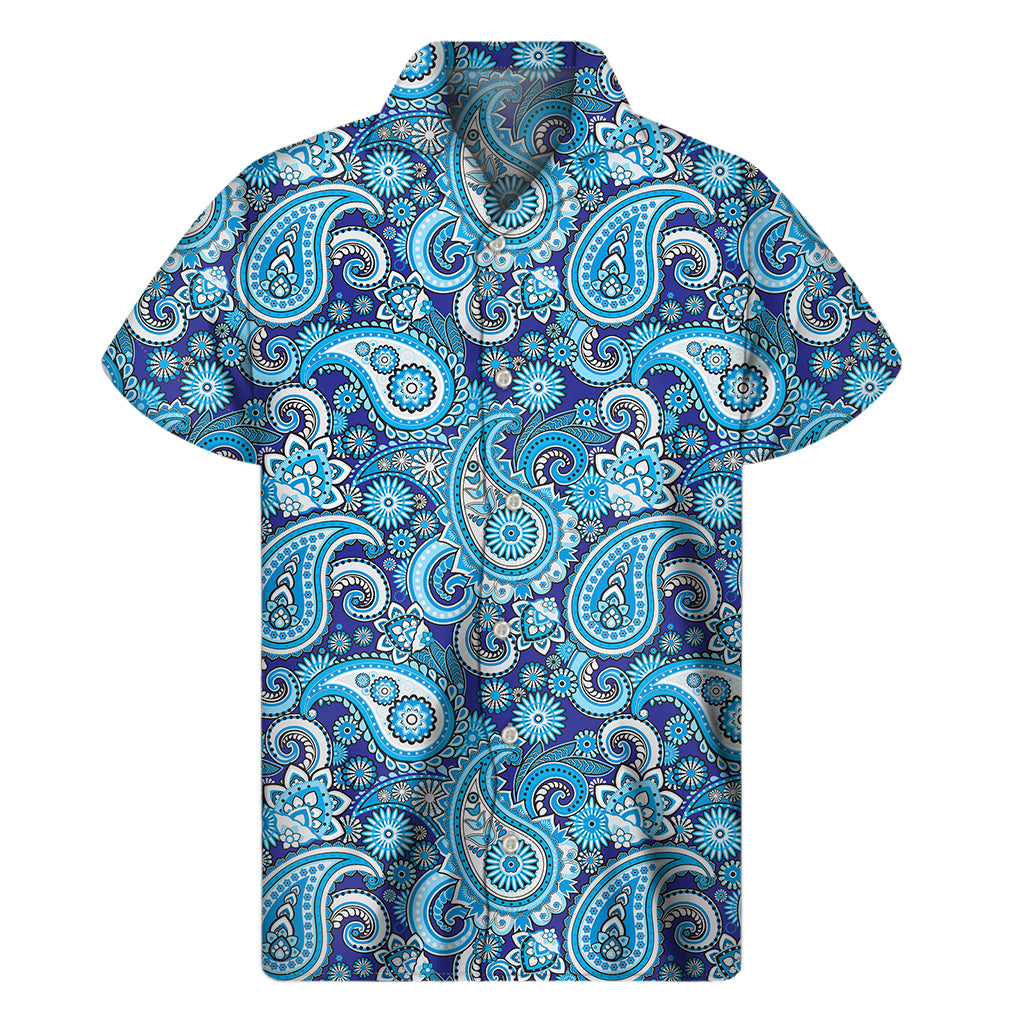 Blue Paisley Pattern Print Men's Short Sleeve Shirt