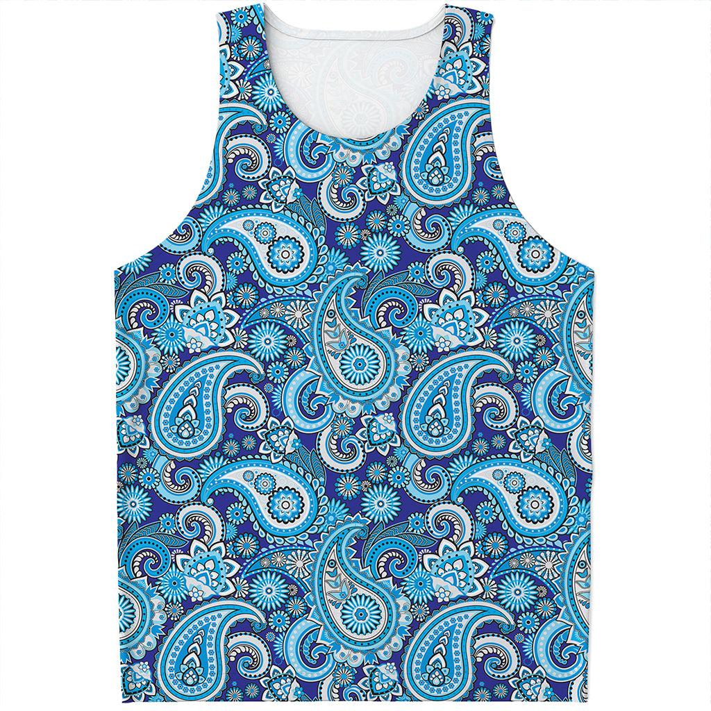 Blue Paisley Pattern Print Men's Tank Top
