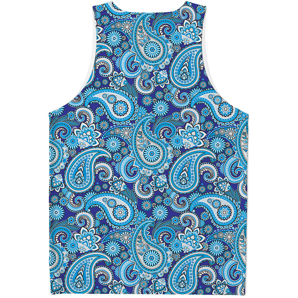 Blue Paisley Pattern Print Men's Tank Top