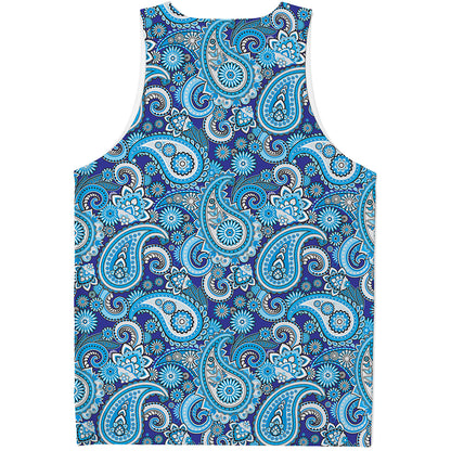 Blue Paisley Pattern Print Men's Tank Top