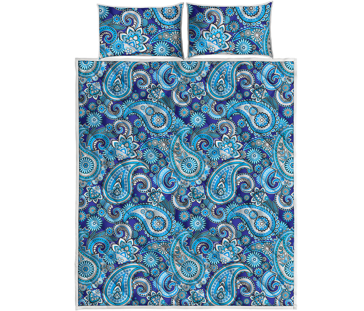 Blue Paisley Pattern Print Quilt Bed Set