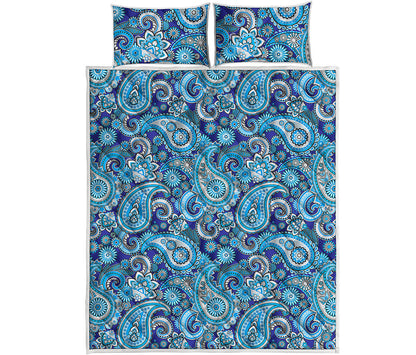 Blue Paisley Pattern Print Quilt Bed Set