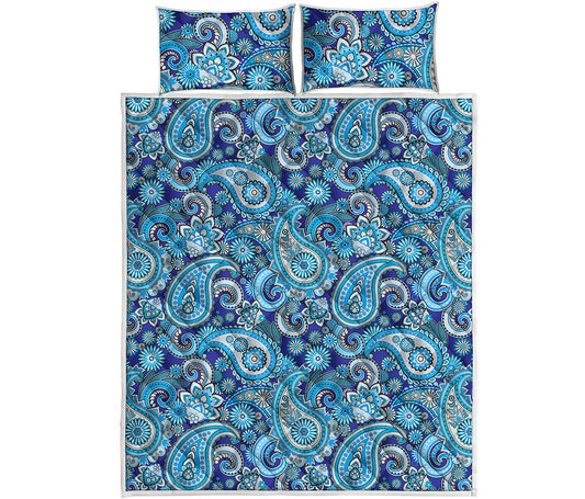 Blue Paisley Pattern Print Quilt Bed Set