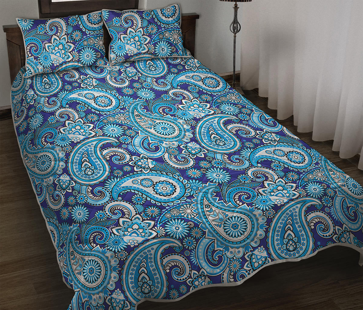 Blue Paisley Pattern Print Quilt Bed Set