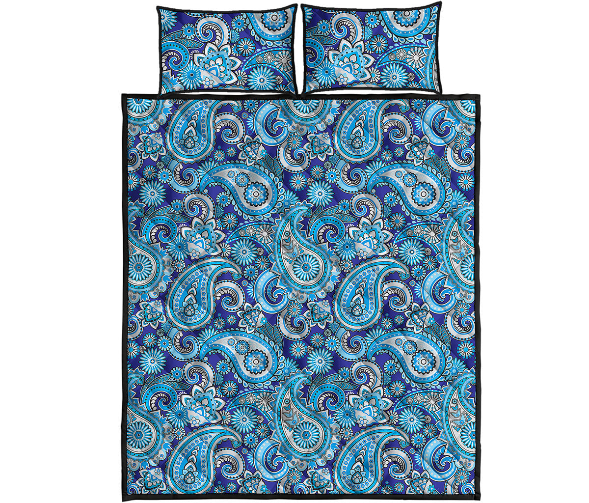 Blue Paisley Pattern Print Quilt Bed Set