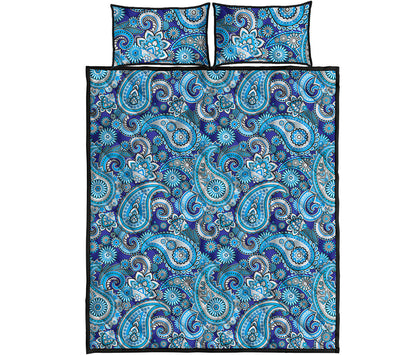 Blue Paisley Pattern Print Quilt Bed Set