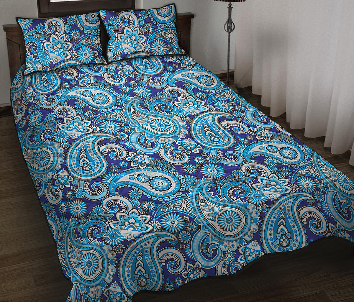 Blue Paisley Pattern Print Quilt Bed Set