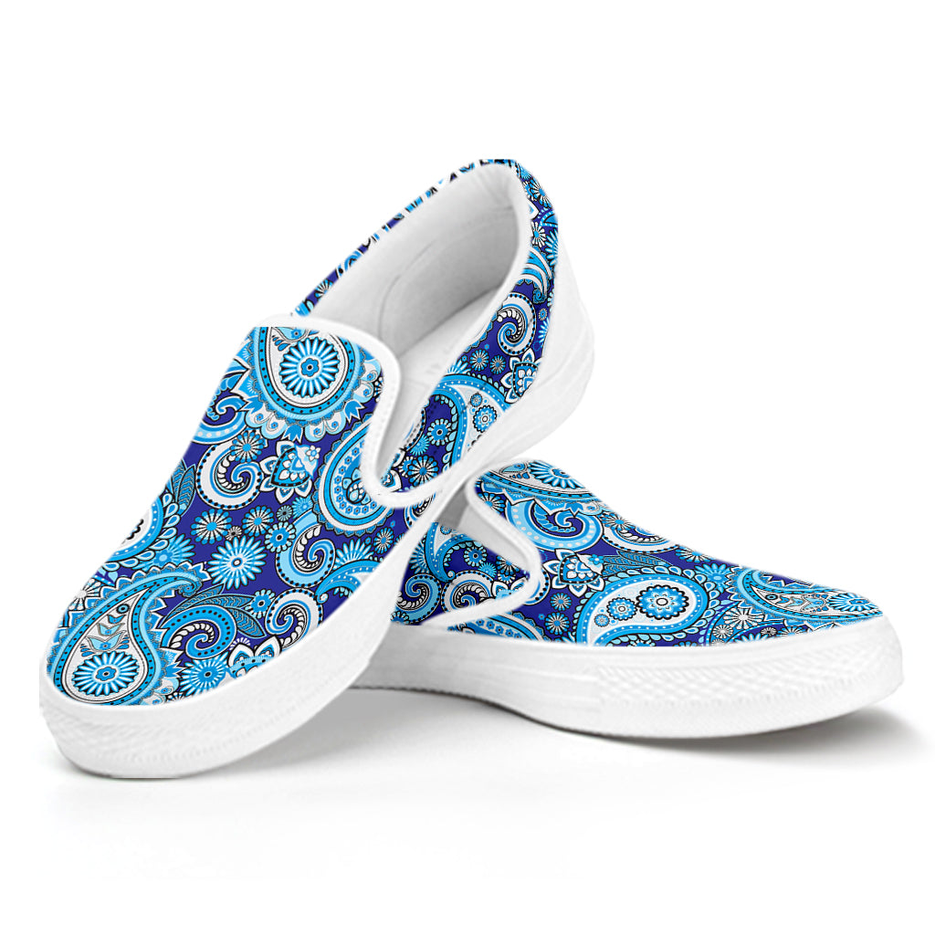 Blue Paisley Pattern Print White Slip On Shoes
