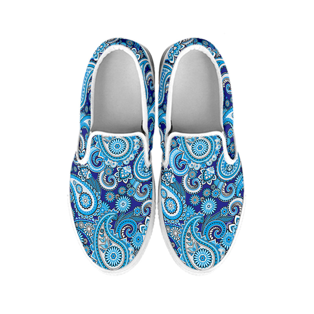 Blue Paisley Pattern Print White Slip On Shoes