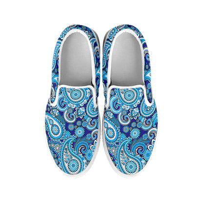 Blue Paisley Pattern Print White Slip On Shoes