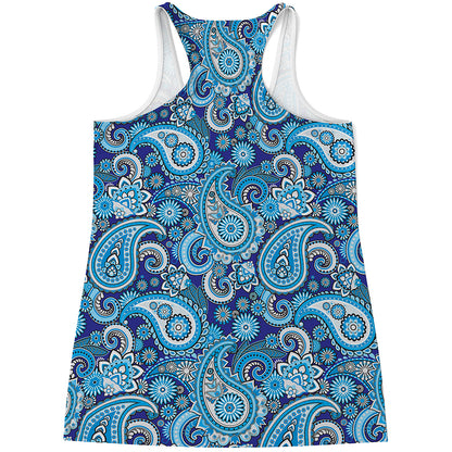 Blue Paisley Pattern Print Women's Racerback Tank Top