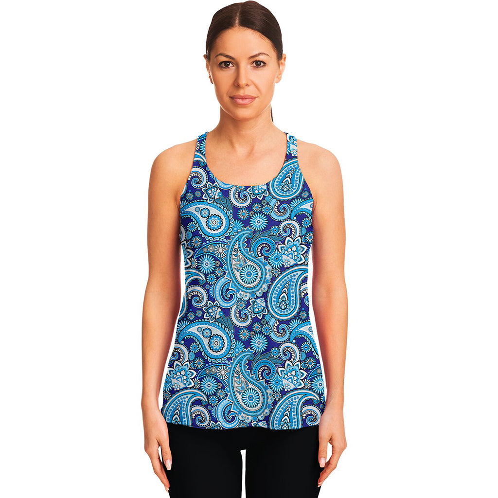 Blue Paisley Pattern Print Women's Racerback Tank Top