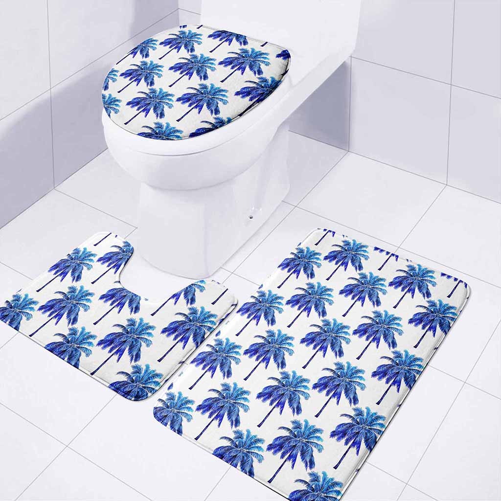 Blue Palm Tree Pattern Print 3 Piece Bath Mat Set