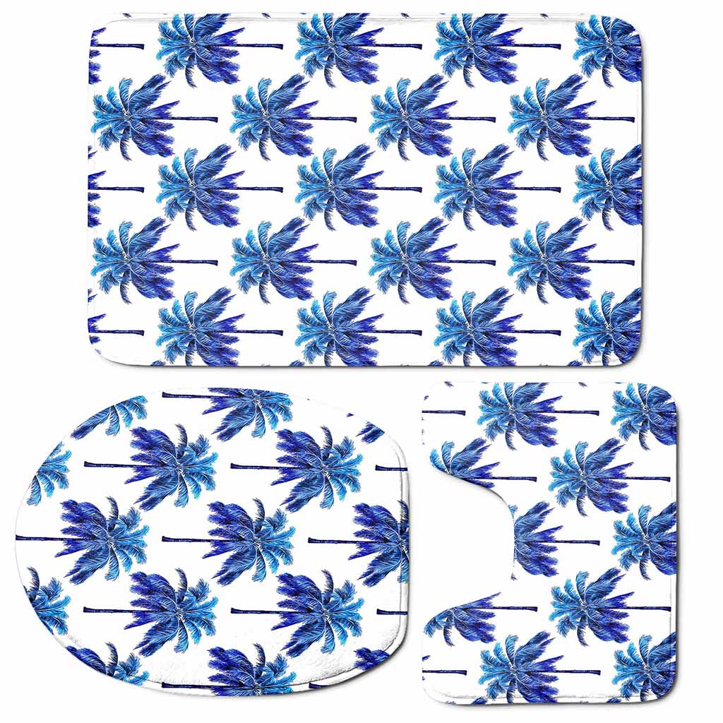 Blue Palm Tree Pattern Print 3 Piece Bath Mat Set