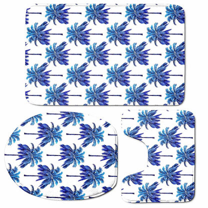 Blue Palm Tree Pattern Print 3 Piece Bath Mat Set