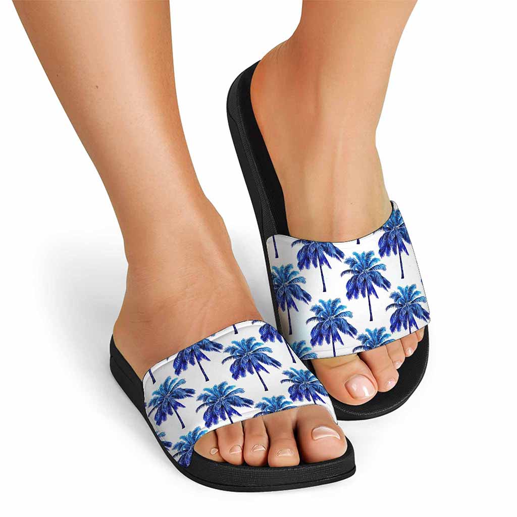 Blue Palm Tree Pattern Print Black Slide Sandals