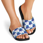 Blue Palm Tree Pattern Print Black Slide Sandals