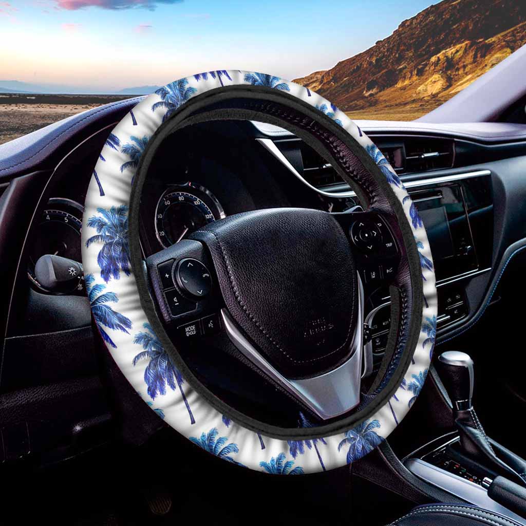 Blue Palm Tree Pattern Print Car Steering Wheel Cover