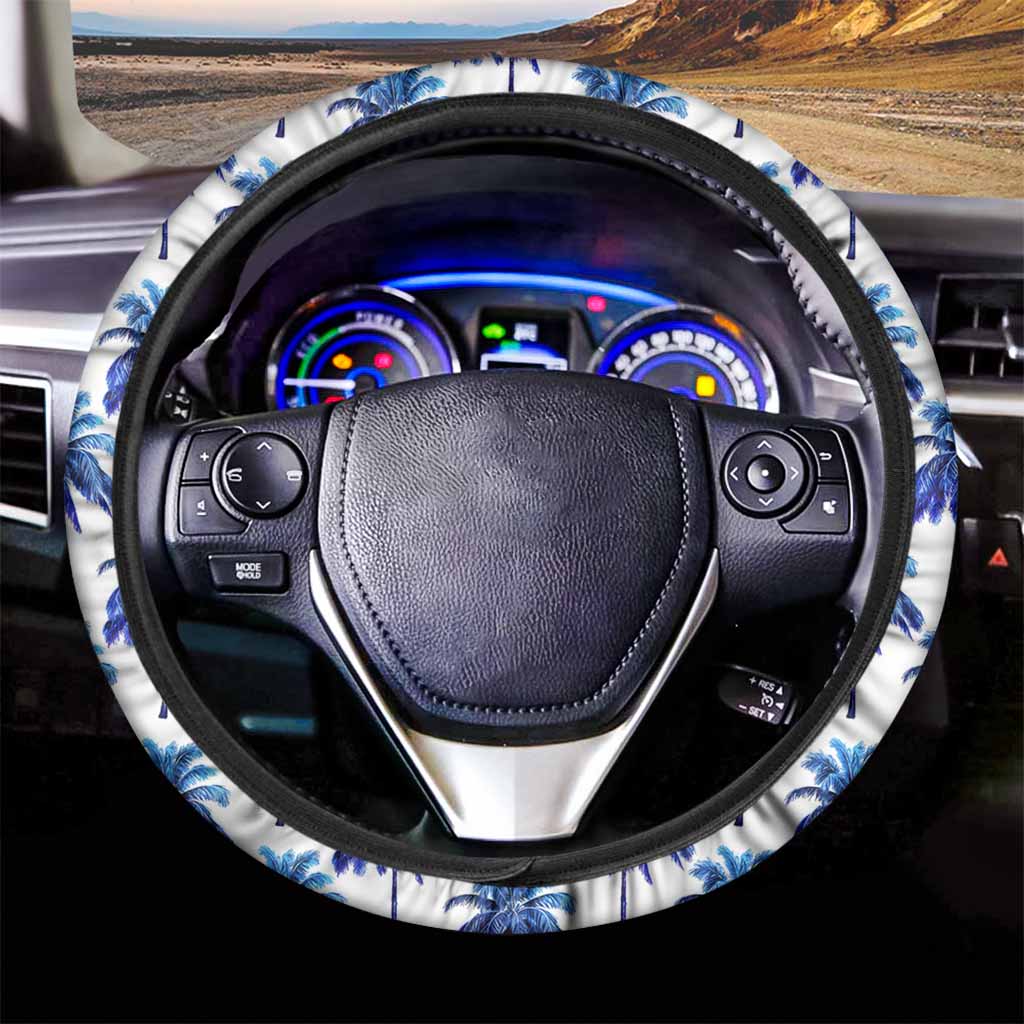 Blue Palm Tree Pattern Print Car Steering Wheel Cover