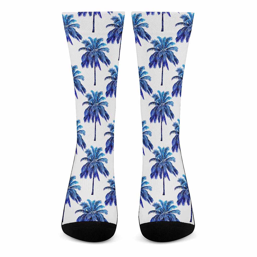 Blue Palm Tree Pattern Print Crew Socks