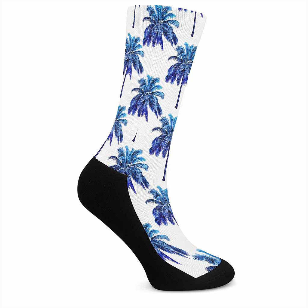 Blue Palm Tree Pattern Print Crew Socks