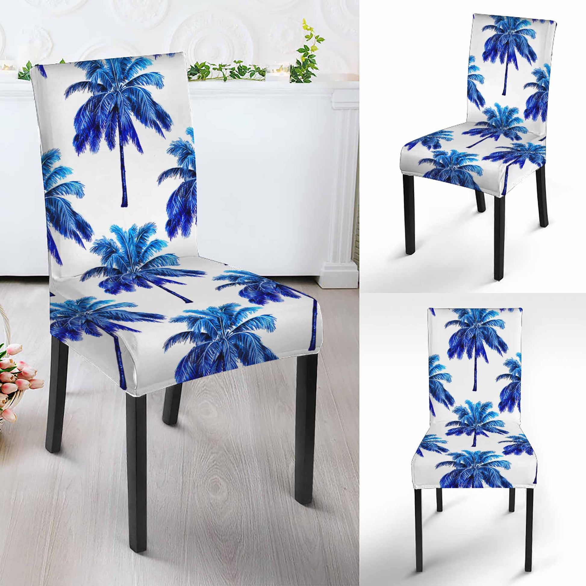 Blue Palm Tree Pattern Print Dining Chair Slipcover