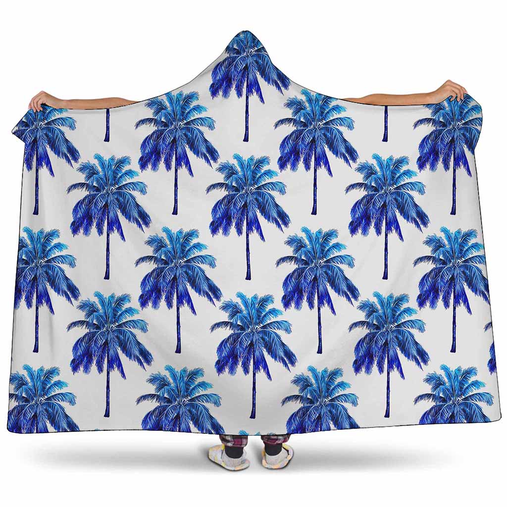 Blue Palm Tree Pattern Print Hooded Blanket