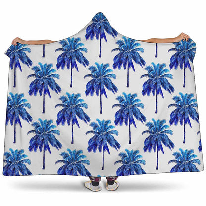 Blue Palm Tree Pattern Print Hooded Blanket