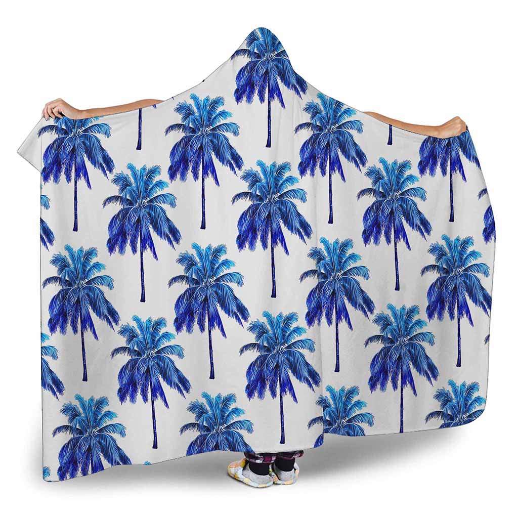 Blue Palm Tree Pattern Print Hooded Blanket