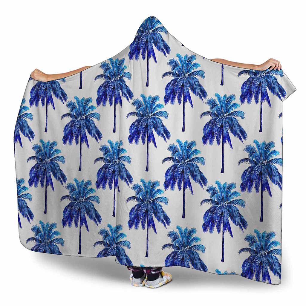 Blue Palm Tree Pattern Print Hooded Blanket