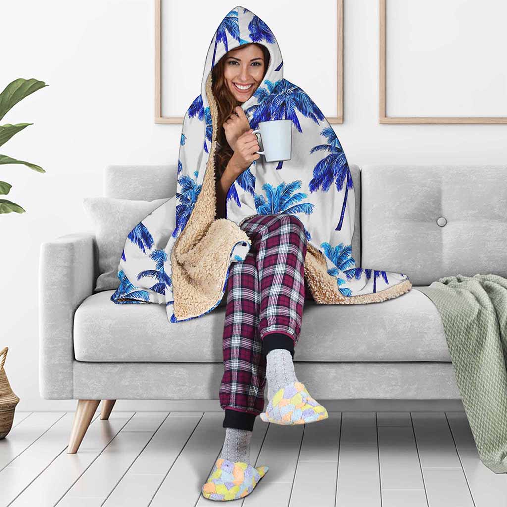 Blue Palm Tree Pattern Print Hooded Blanket