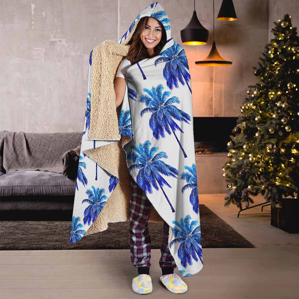 Blue Palm Tree Pattern Print Hooded Blanket