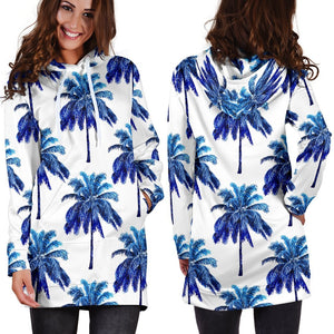 Blue Palm Tree Pattern Print Hoodie Dress GearFrost