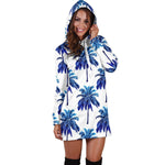 Blue Palm Tree Pattern Print Hoodie Dress GearFrost